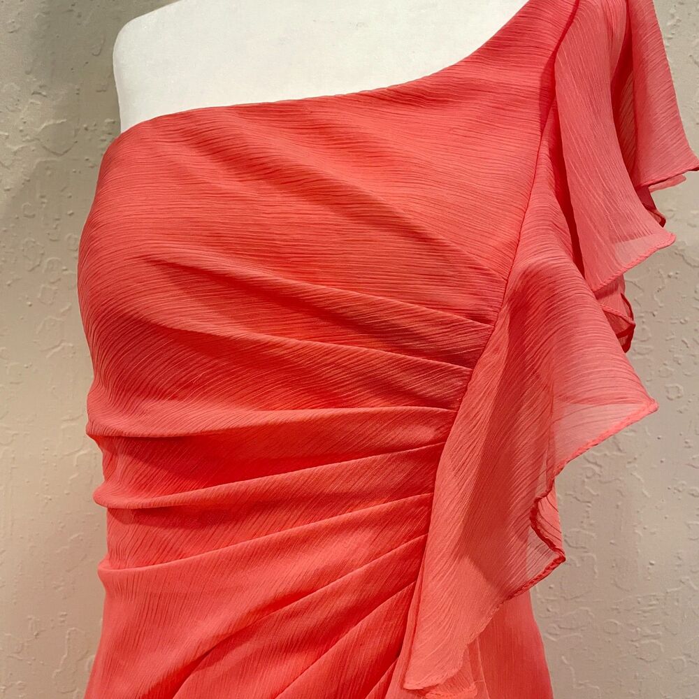 ~ 1-Shoulder Ruffle Cocktail Dress Sz 10 Angelina Faccenda Coral Light A-line
